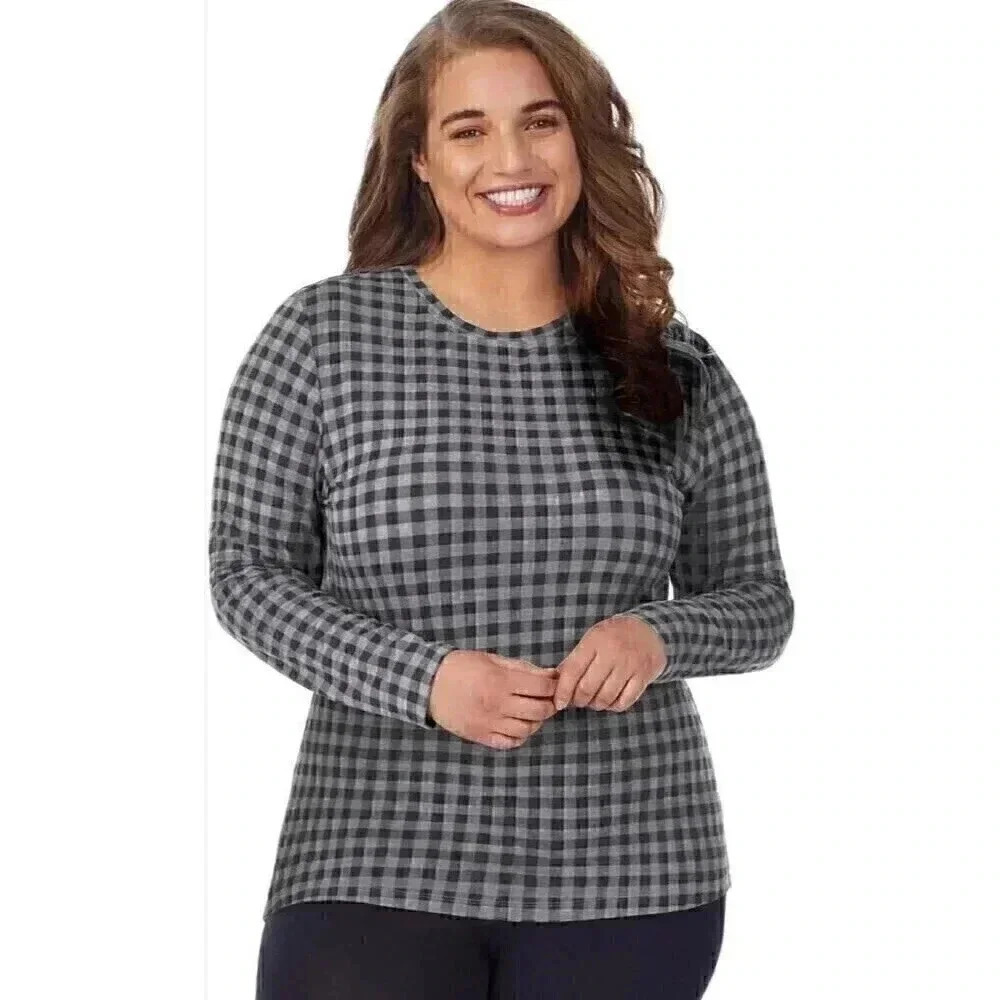Cuddl Duds Softwear Womens XL Plaid Crew Neck Top Gray Black Long Sleeve Stretch
